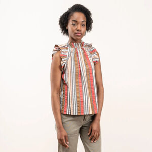 Ulla Johnson Adana Stripe Ruffle Flutter Sleeve High-Neck Blouse Top Poppy 4